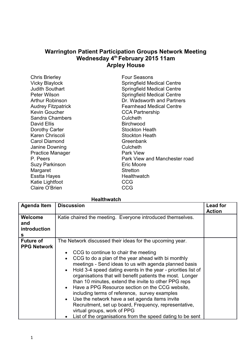 Warrington Patient Participation Groups Network Meeting