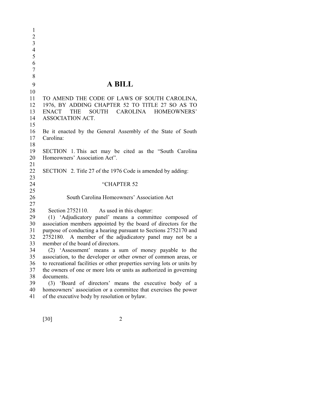2009-2010 Bill 30: S.C. Homeowners' Association Act - South Carolina Legislature Online