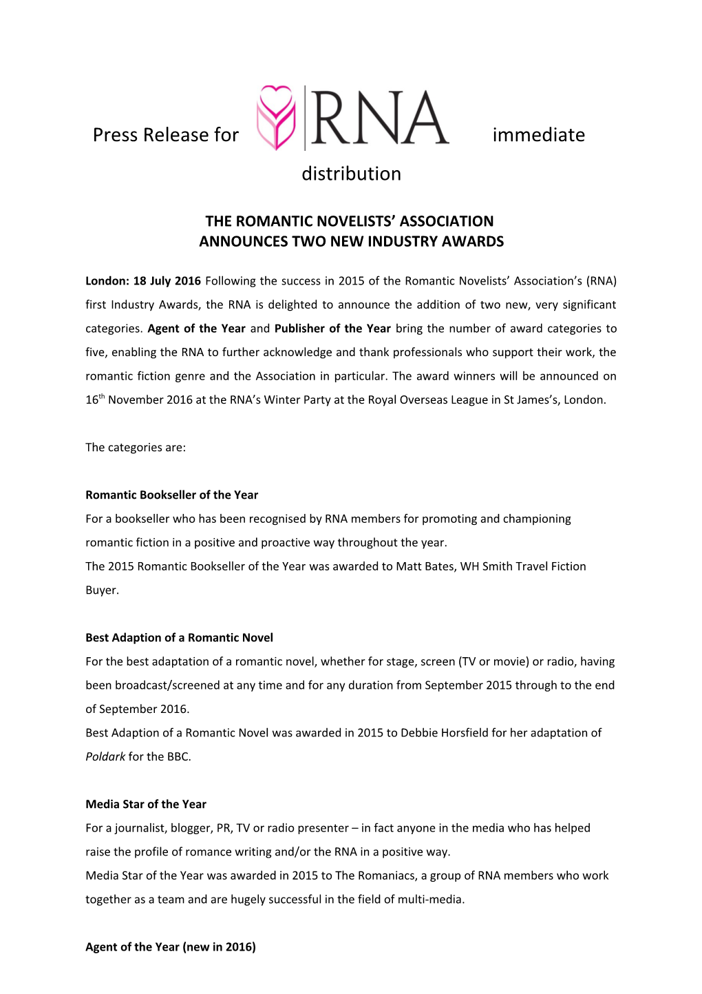 Press Release for Immediate Distribution