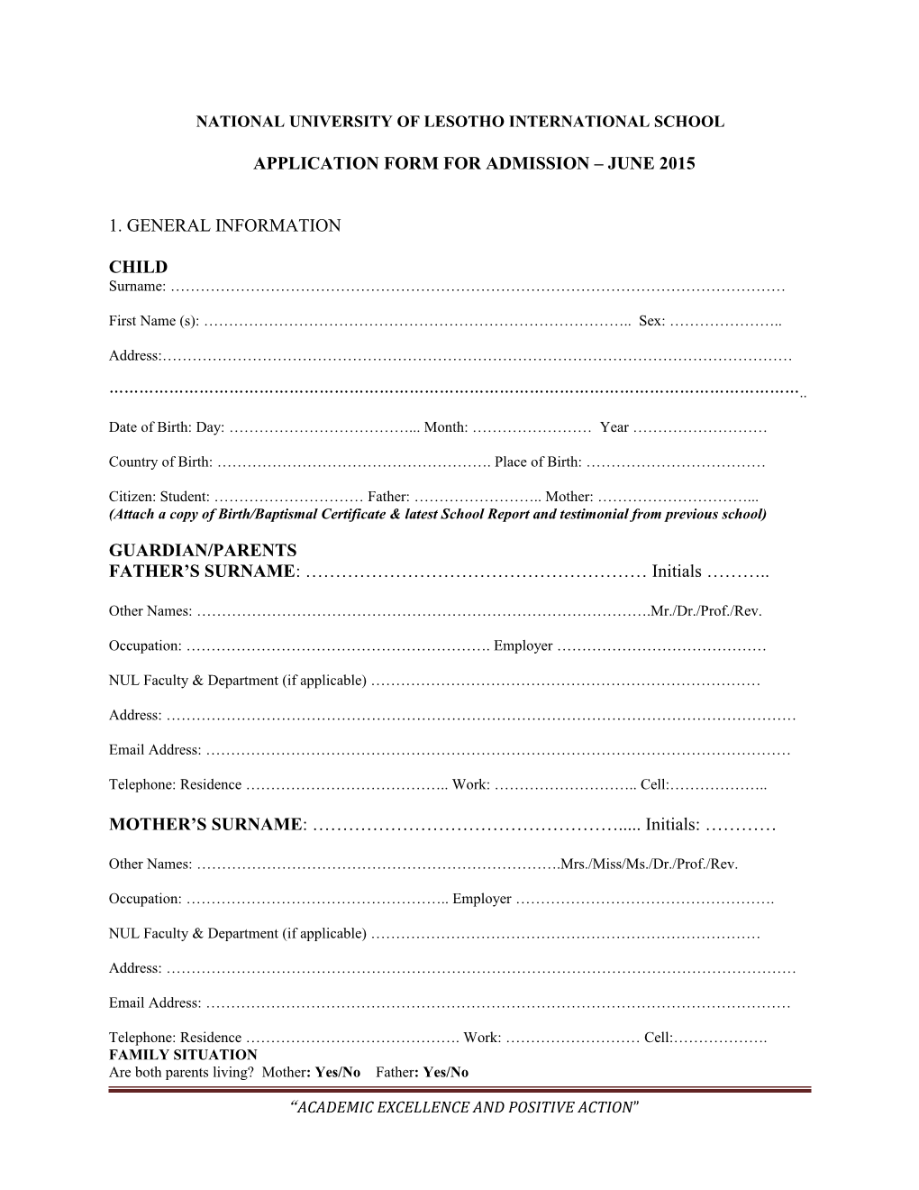 Application Form for Admission June 2015