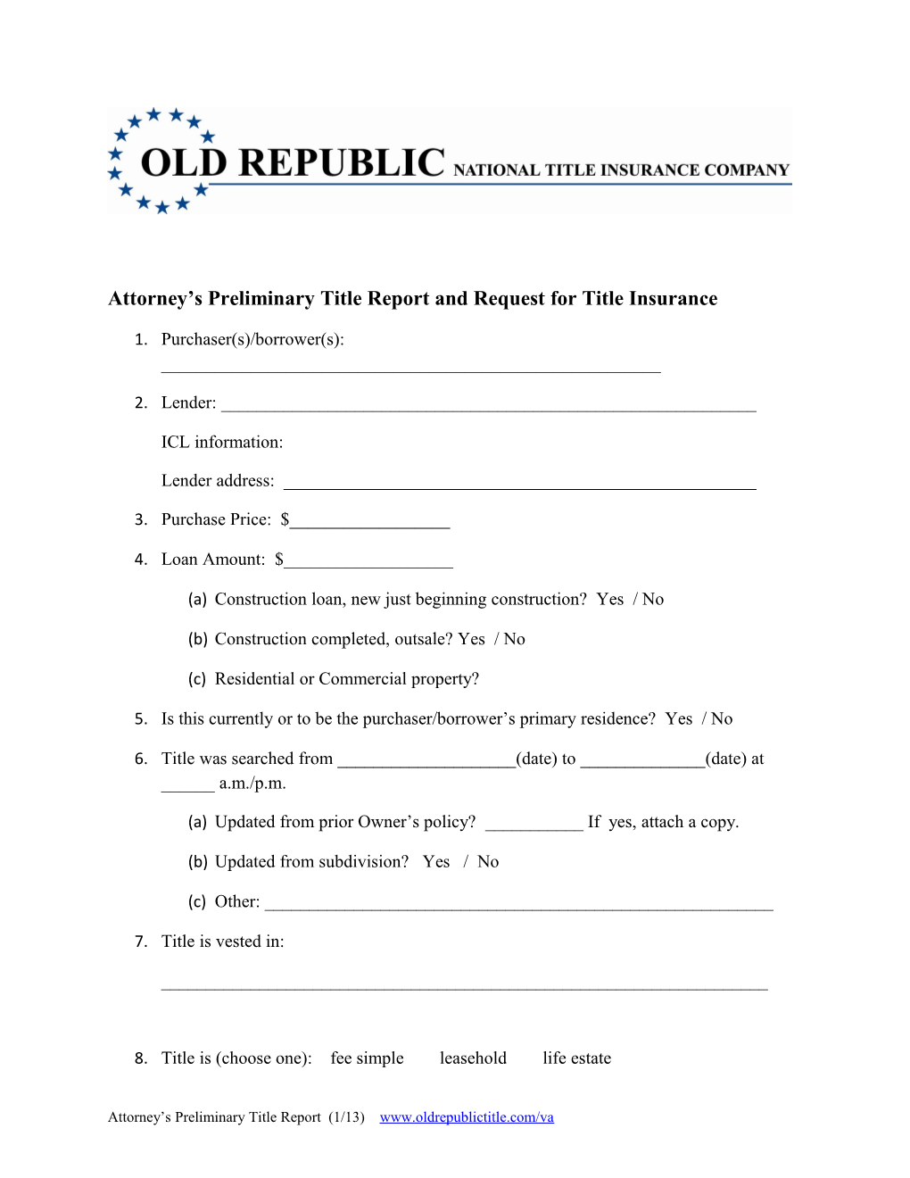 Attorney S Preliminary Title Report and Request for Title Insurance