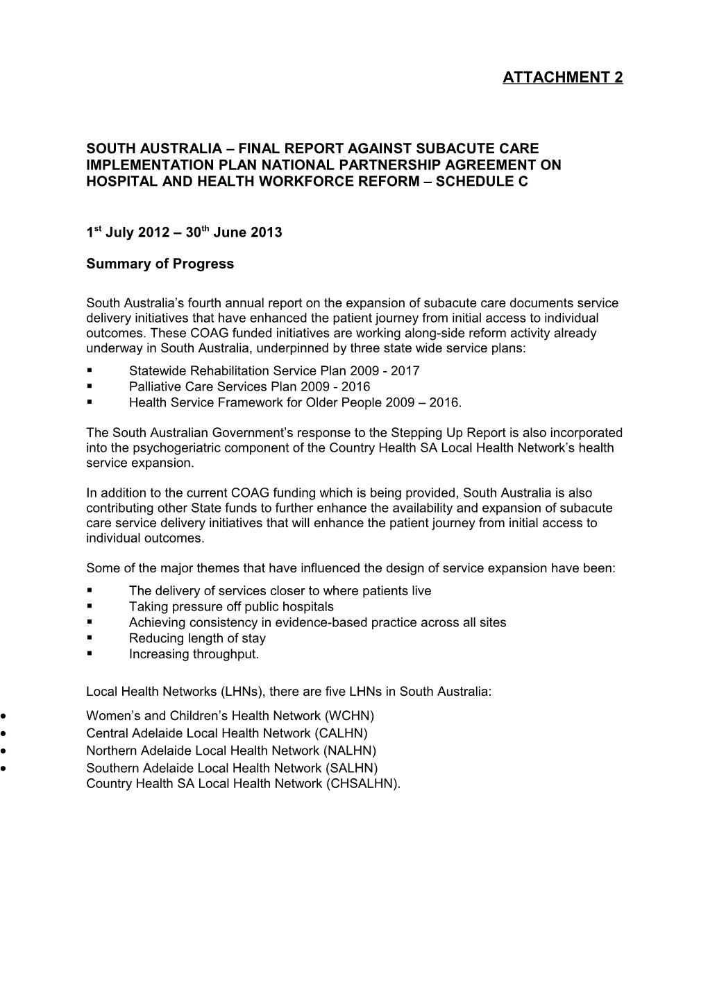 South Australia Final Report Against Subacute Care Implementation Plan National Partnership