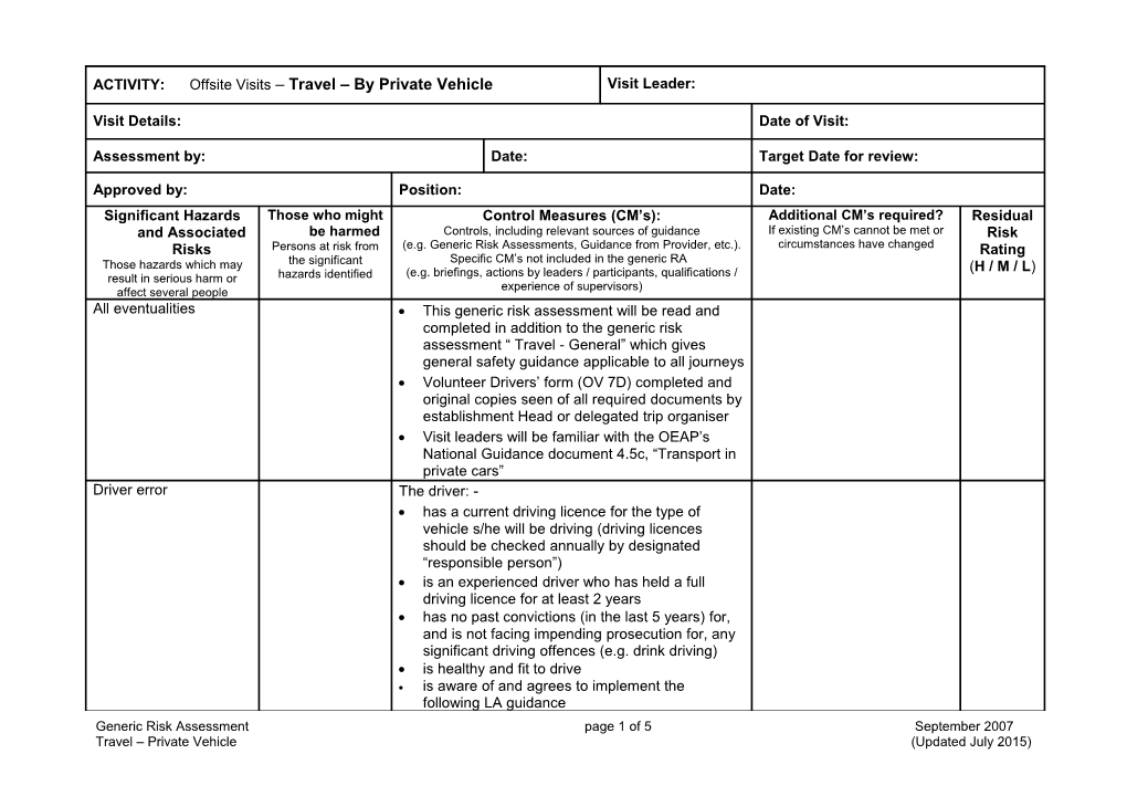 Offsite Visits Risk Assessment - Travel By Private Vehicle