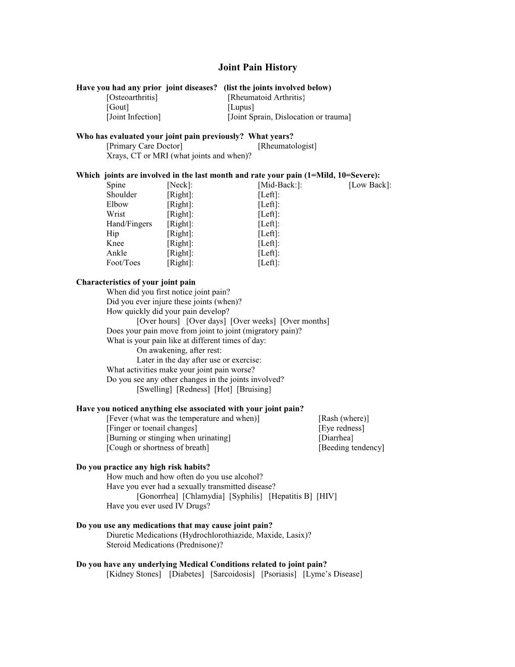 Joint Pain History