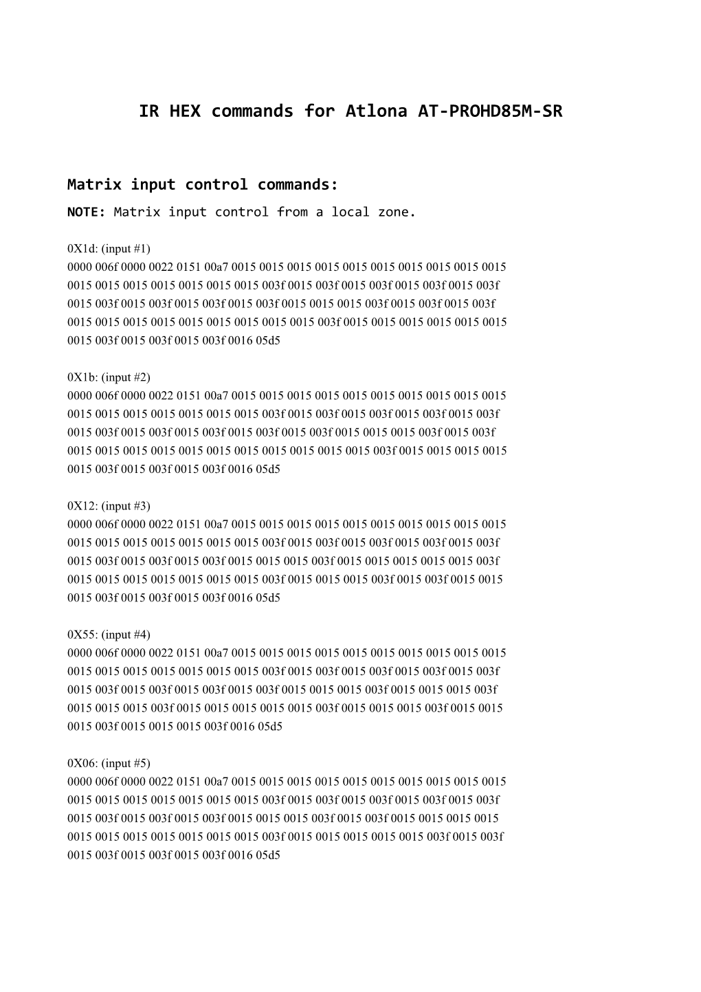 IR HEX Commands for Atlona AT-PROHD85M-SR