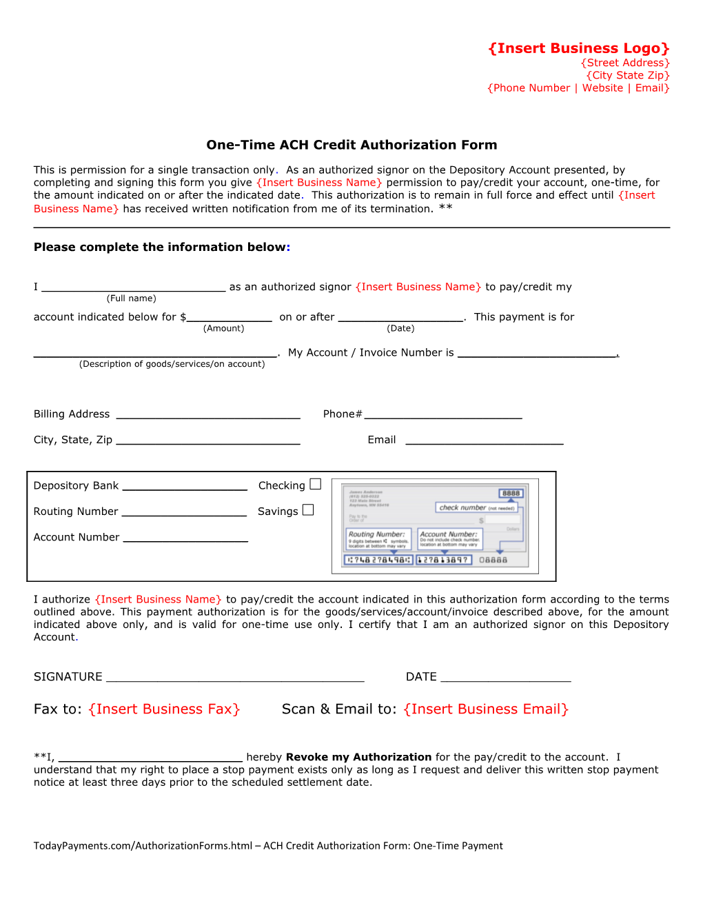 ACH Credit Authorization Form