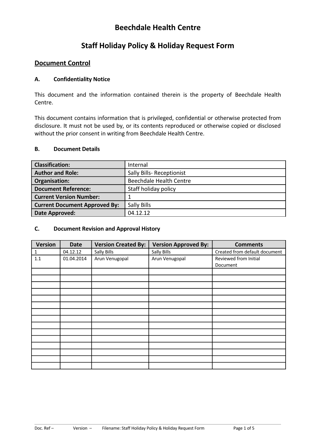 Staff Holiday Policy & Holiday Request Form