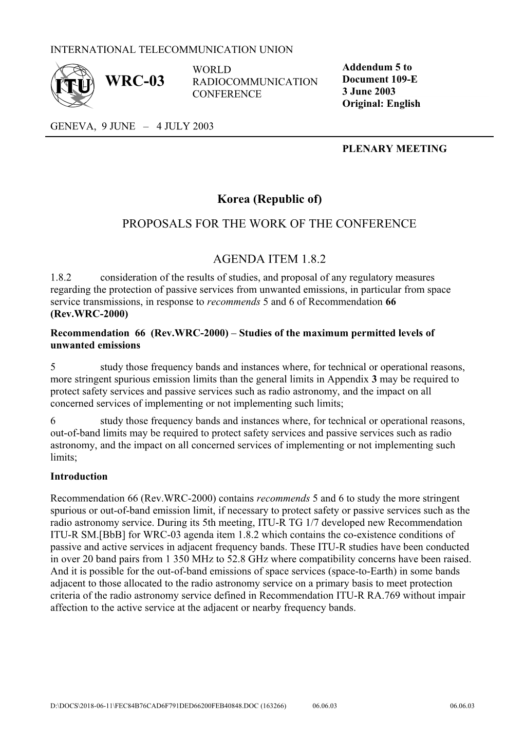 Proposals for the Work of the Conference: Agenda Item 1.8.2