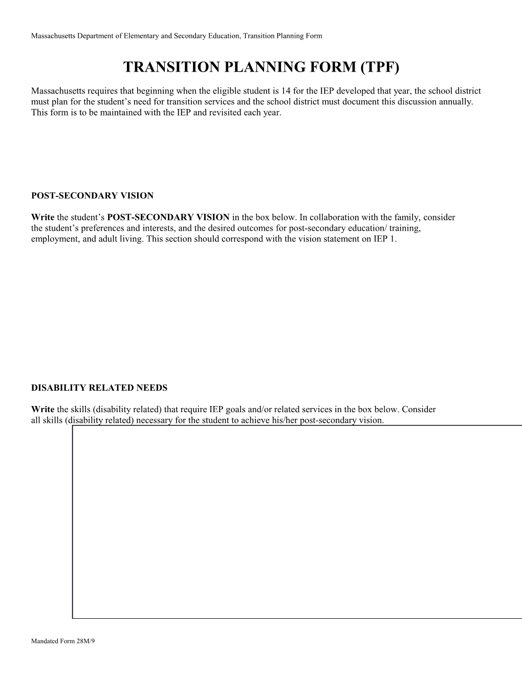 Transition Planning Form (TPF)