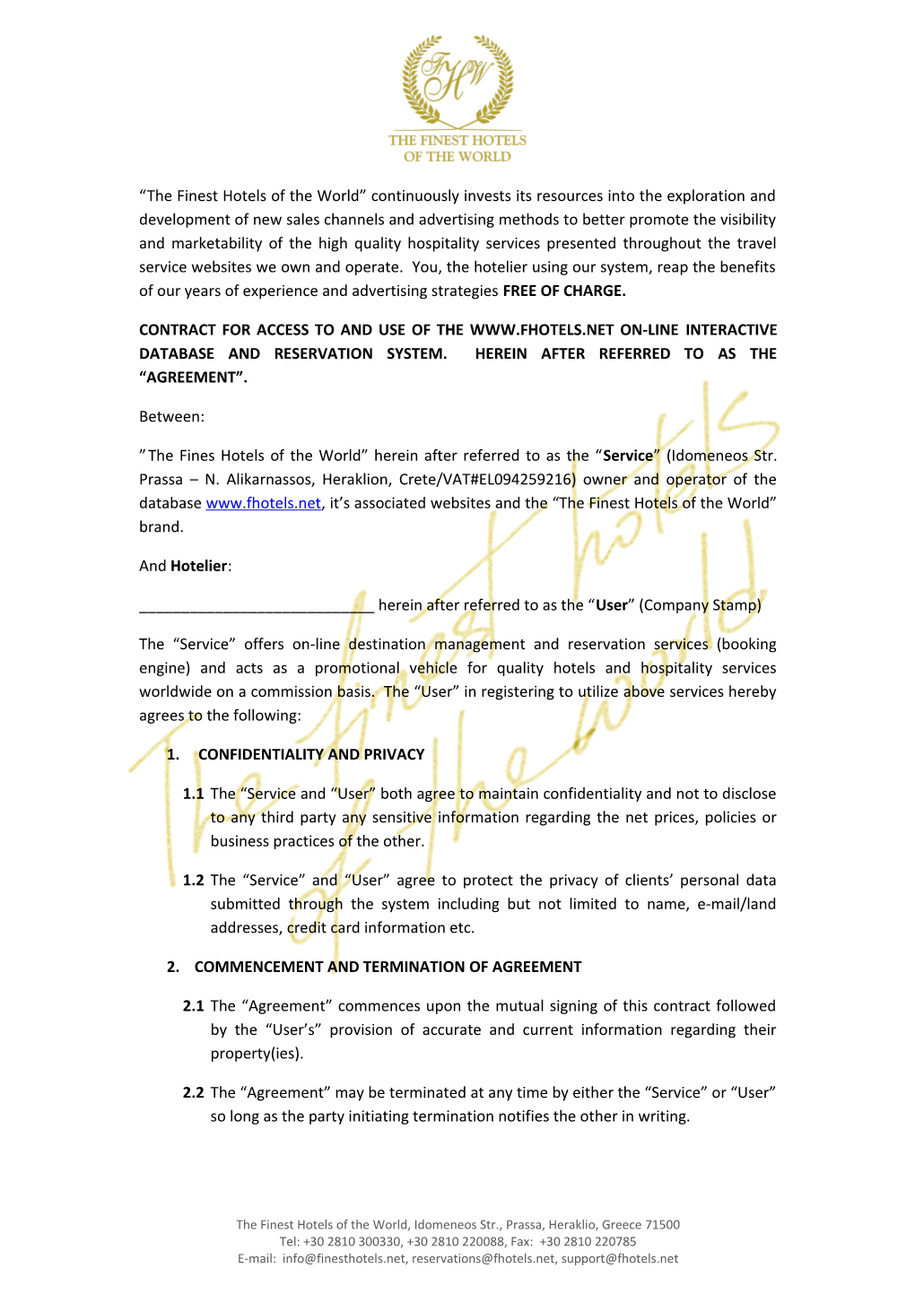 Contract for Access to and Use of the On-Line Interactive Database and Reservation System