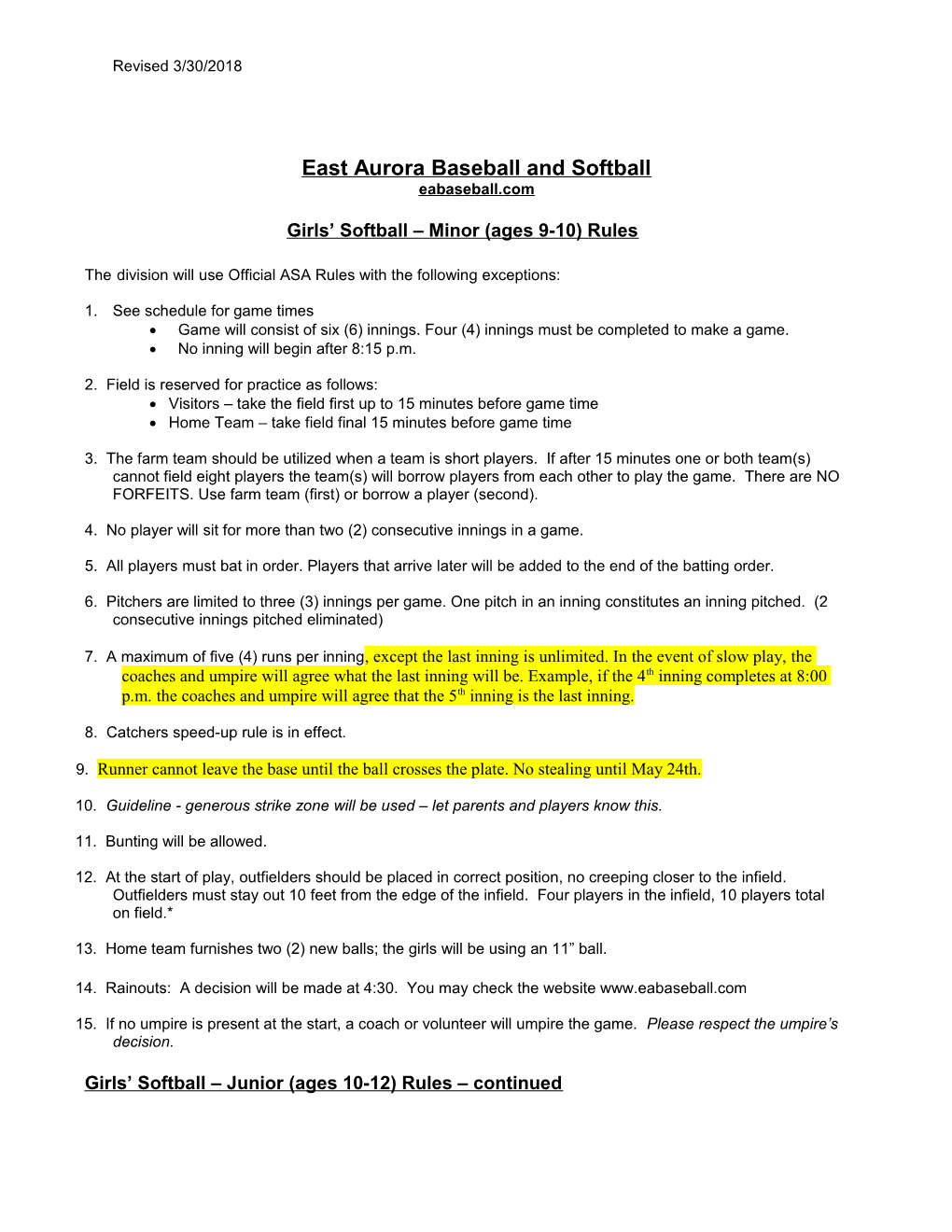 Town of Aurora Baseball Rules for Every Level