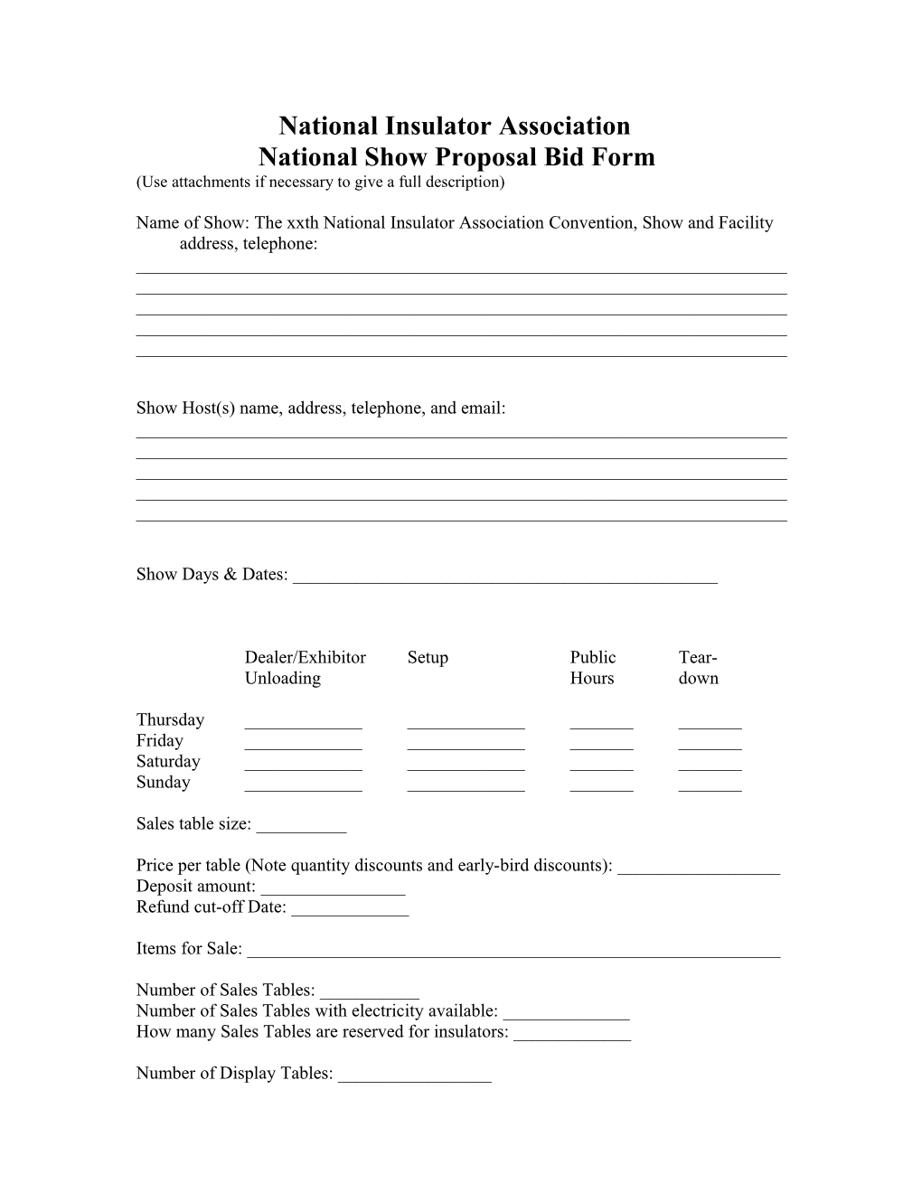 National Insulator Association - Regional Show Proposal Bid Form