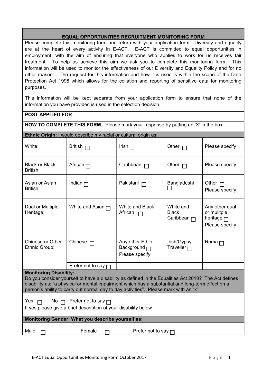 E-ACT Equal Opportunities Monitoring Form October 2017Page 1