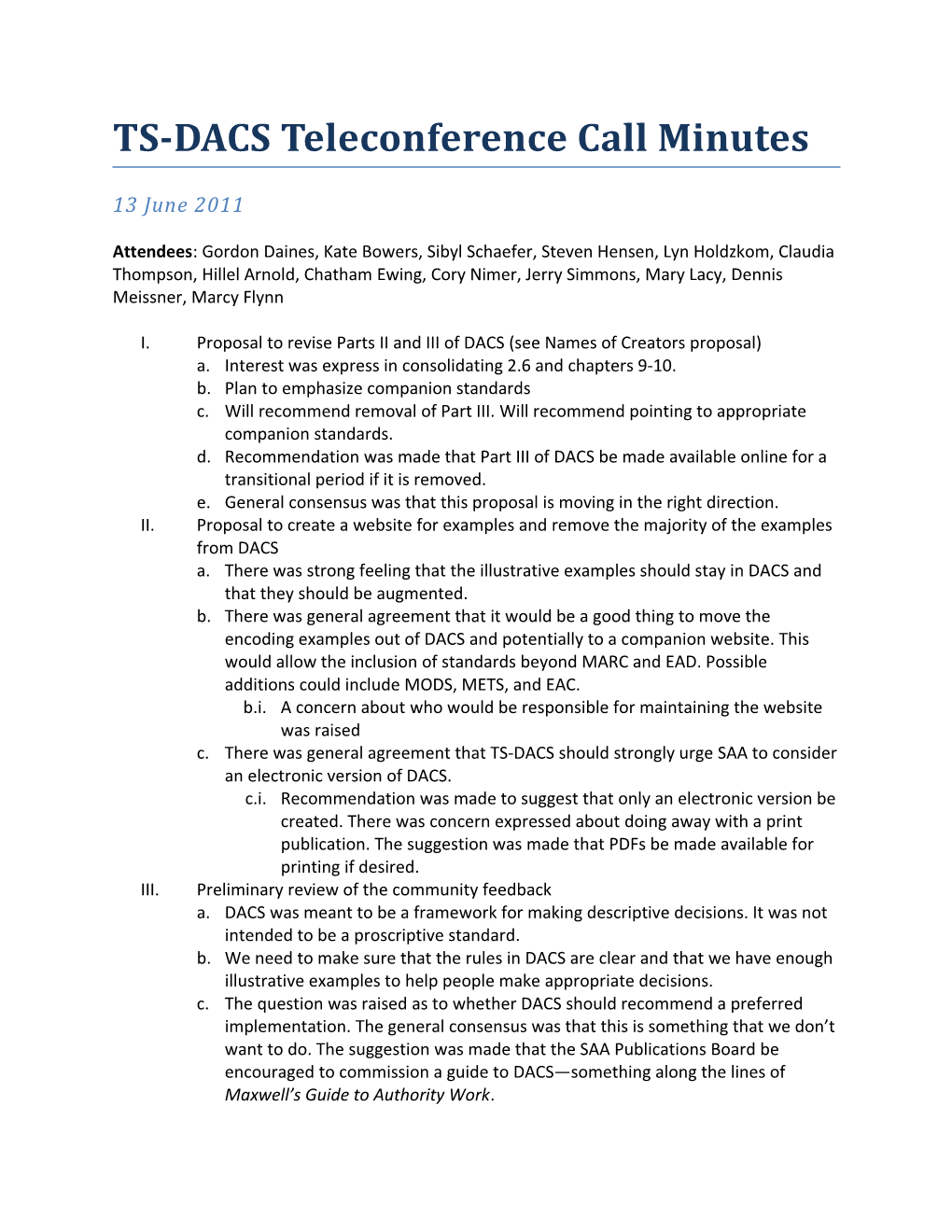 TS-DACS Teleconference Call Minutes