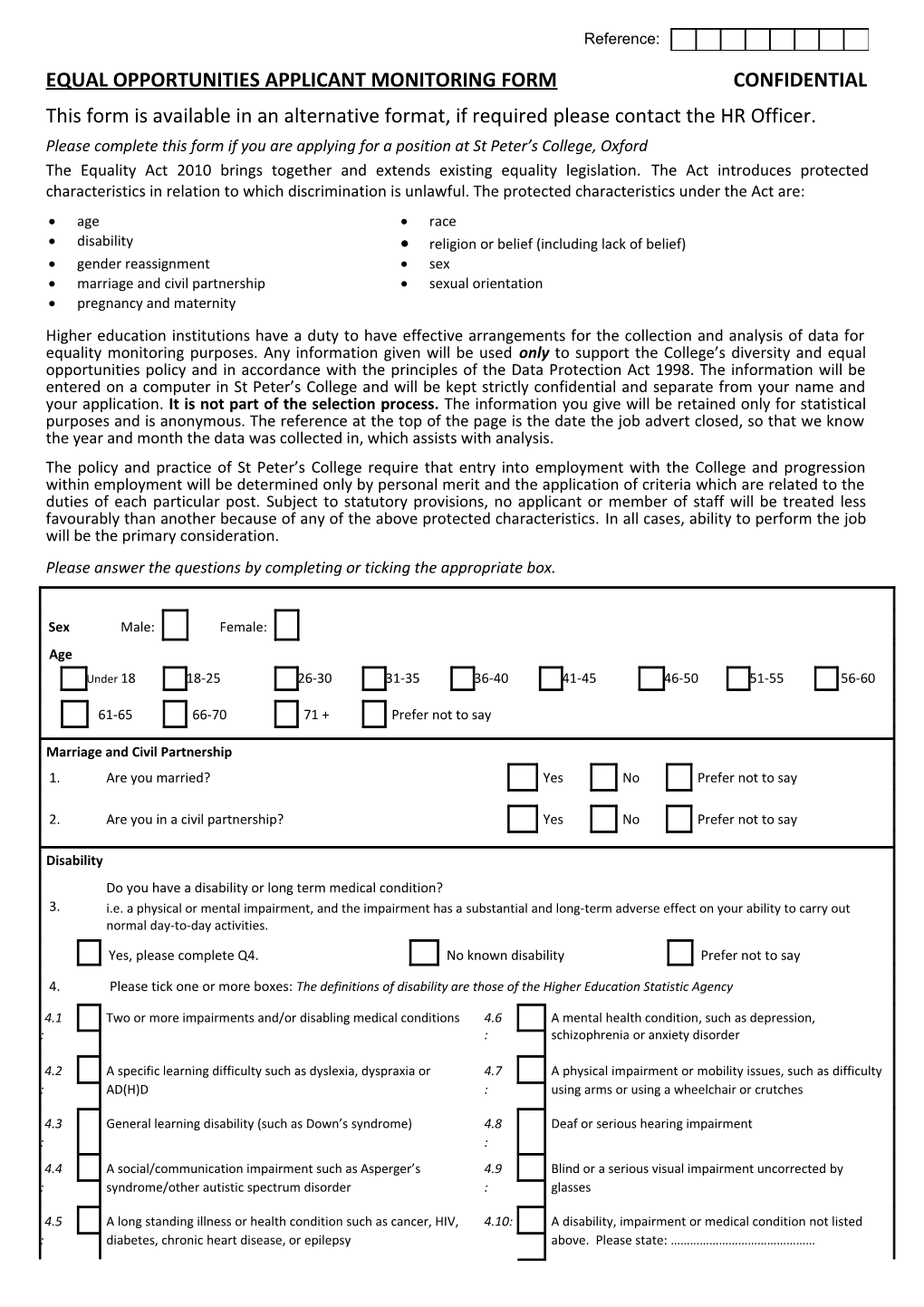 Equal Opportunities Applicant Monitoring Formconfidential