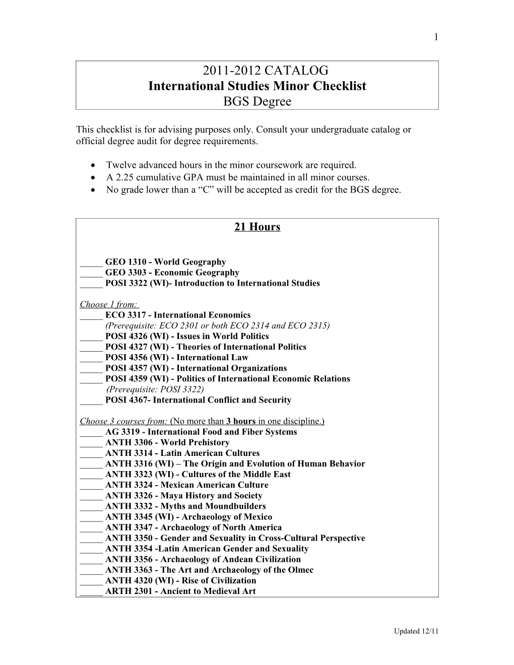 International Studies Minor Checklist