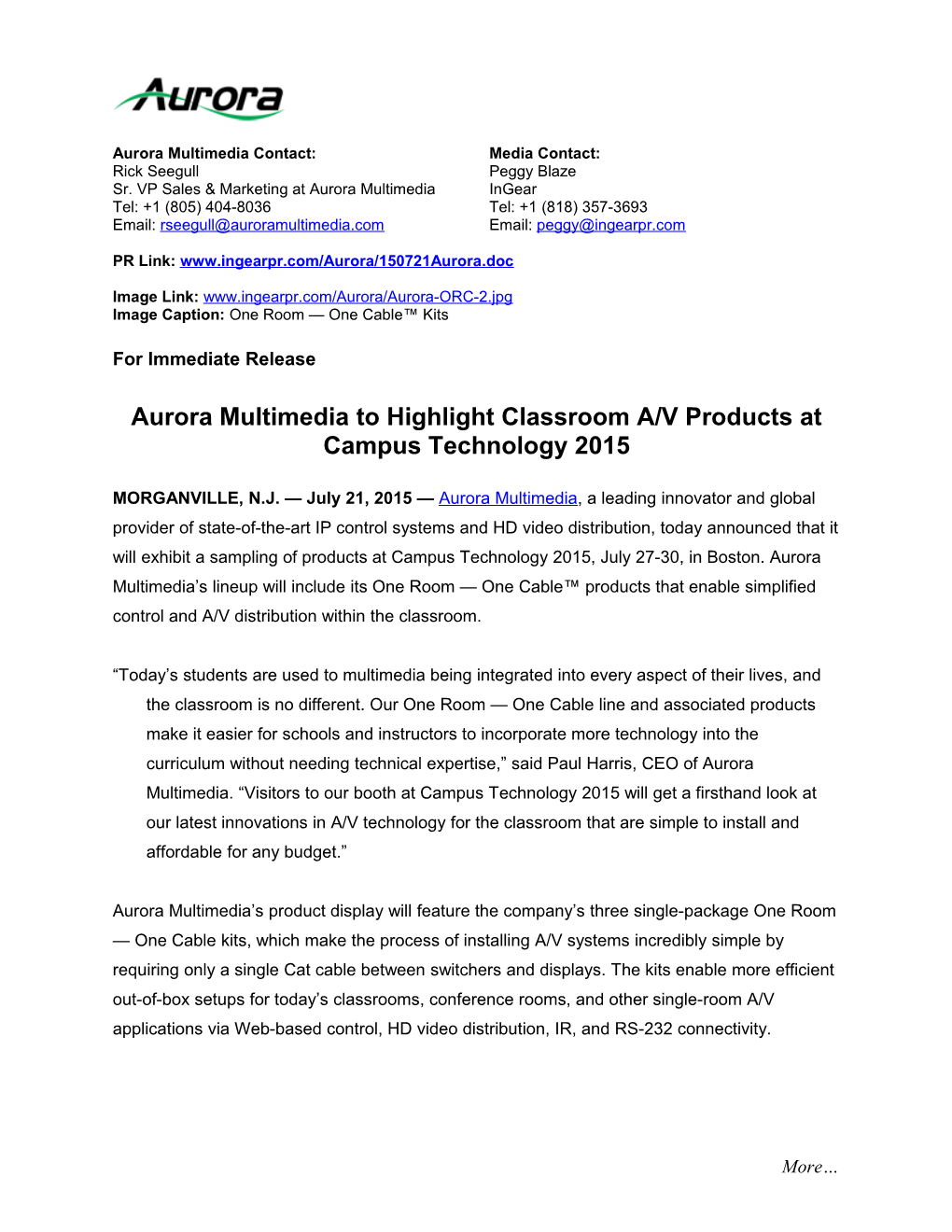 Aurora Multimedia to Highlight Classroom A/V Products at Campus Technology 2015