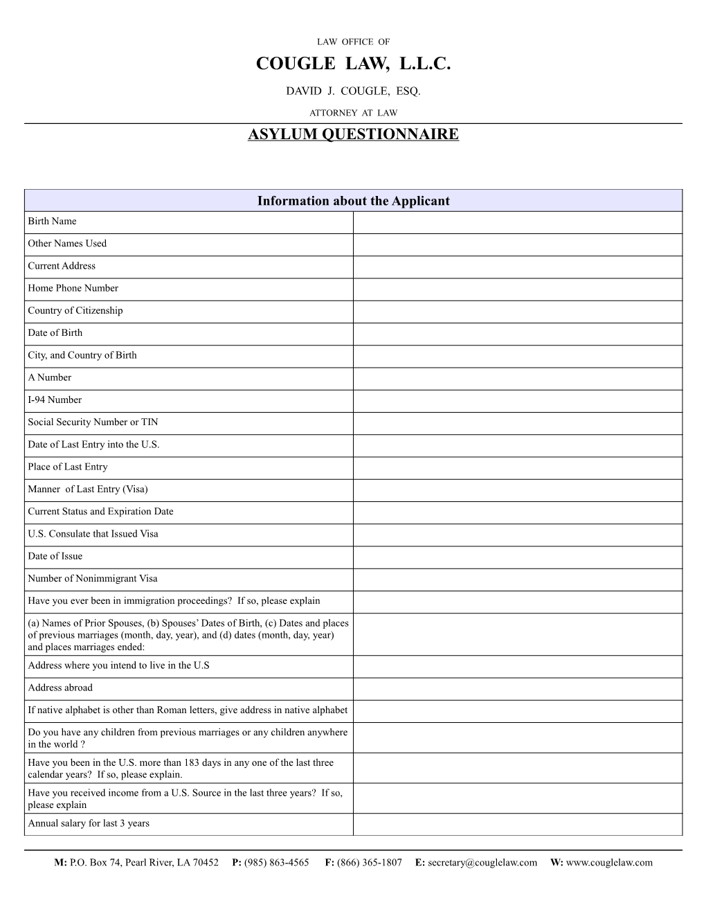 Asylum Questionnaire