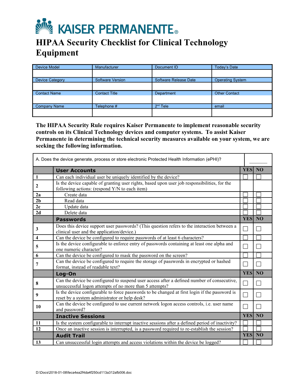 New Equipment HIPAA Checklist