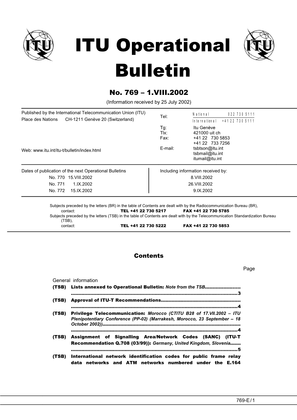 ITU Operational Bulletin 769 - 1.VIII.2002