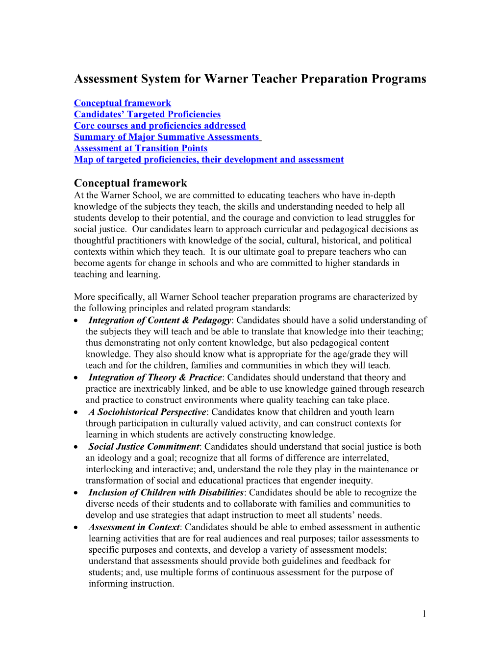 Assessment System for Warner Teacher Preparation Programs