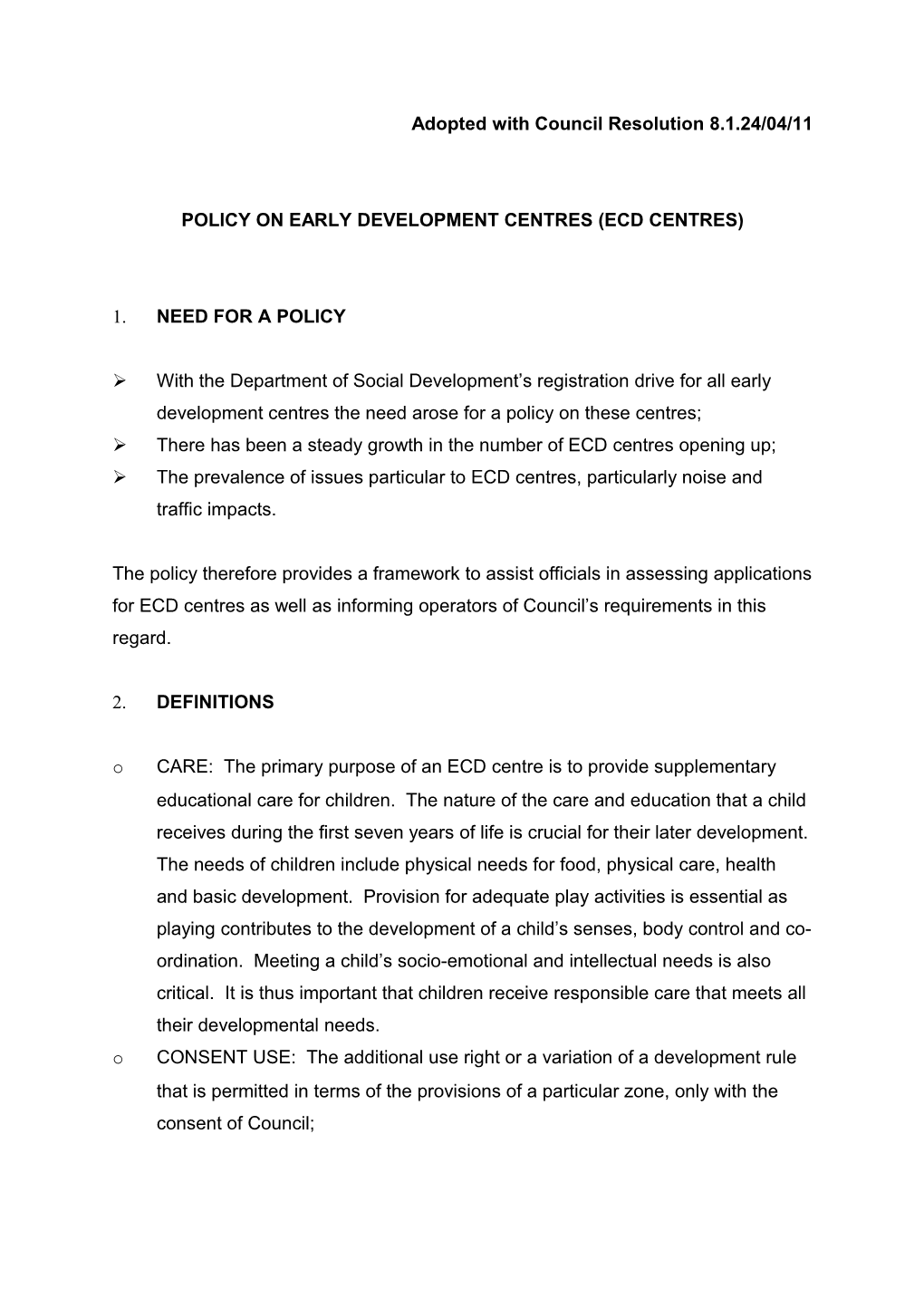 Policy on Early Development Centres (Ecd Centres)