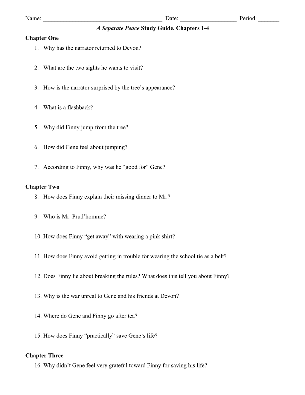 A Separate Peace Study Guide, Chapters 1-4