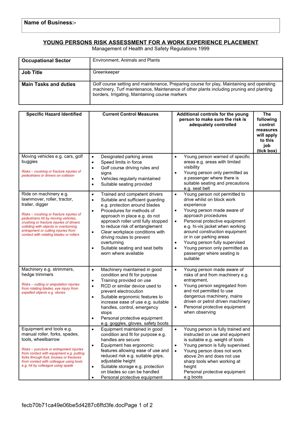 Section 3 - YOUNG PERSONS RISK ASSESSMENT for the STUDENT s1