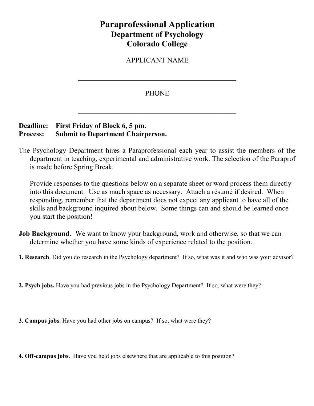 Paraprofessional Application for the Psychology Department