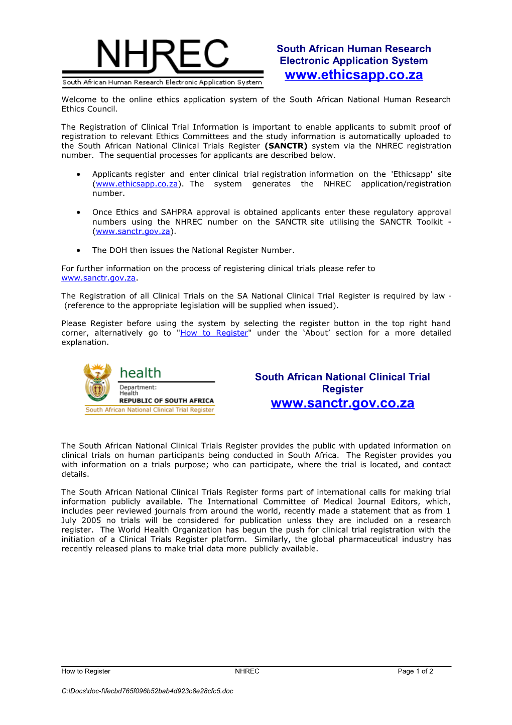 Welcome to the Online Ethics Application System of the South African National Human Research