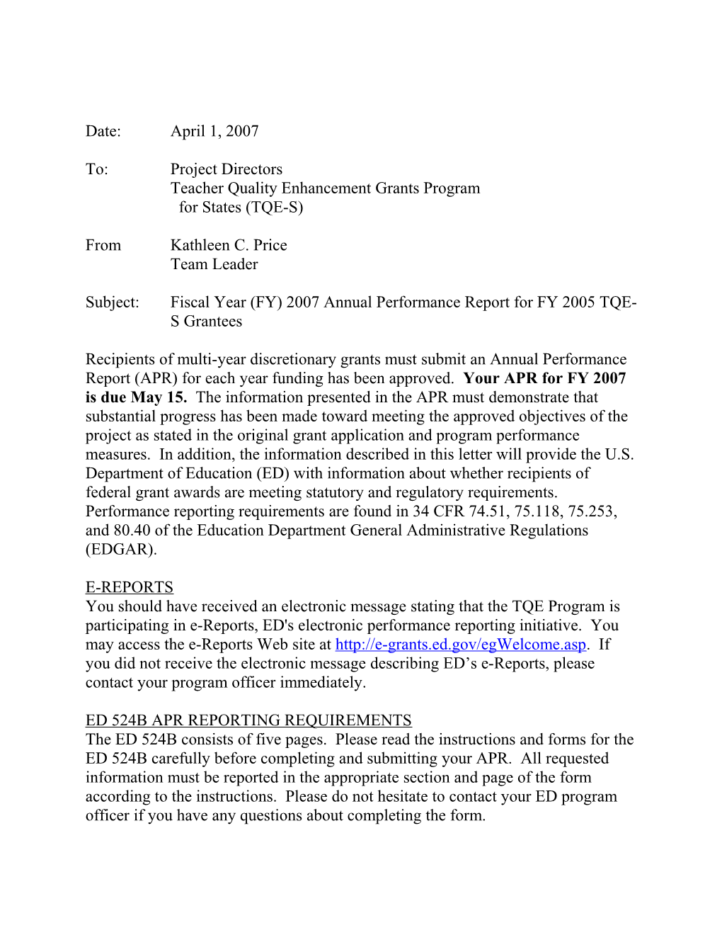 Fiscal Year 2007 Annual Performance Report for FY 2005 TQE-State Grantees (MS Word)