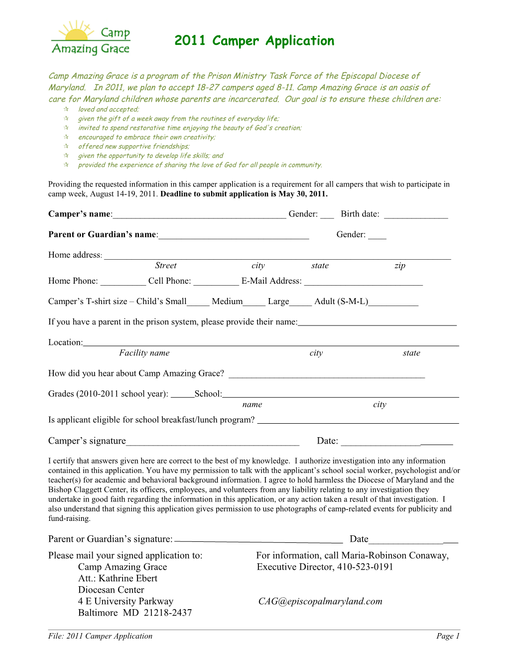 Application for Bishop Claggett Center