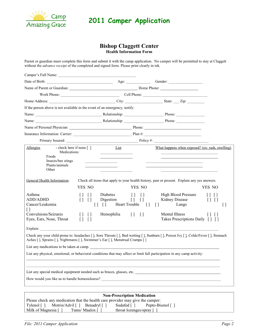 Application for Bishop Claggett Center