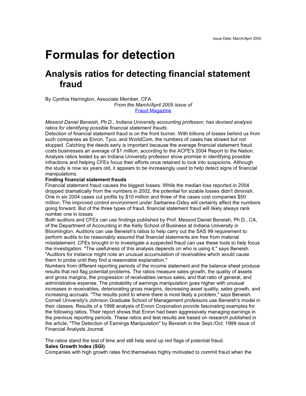 Analysis Ratios for Detecting Financial Statement Fraud
