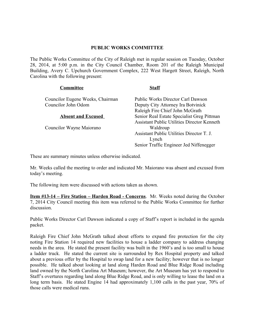 Public Works Committee Minutes - 10/28/2014