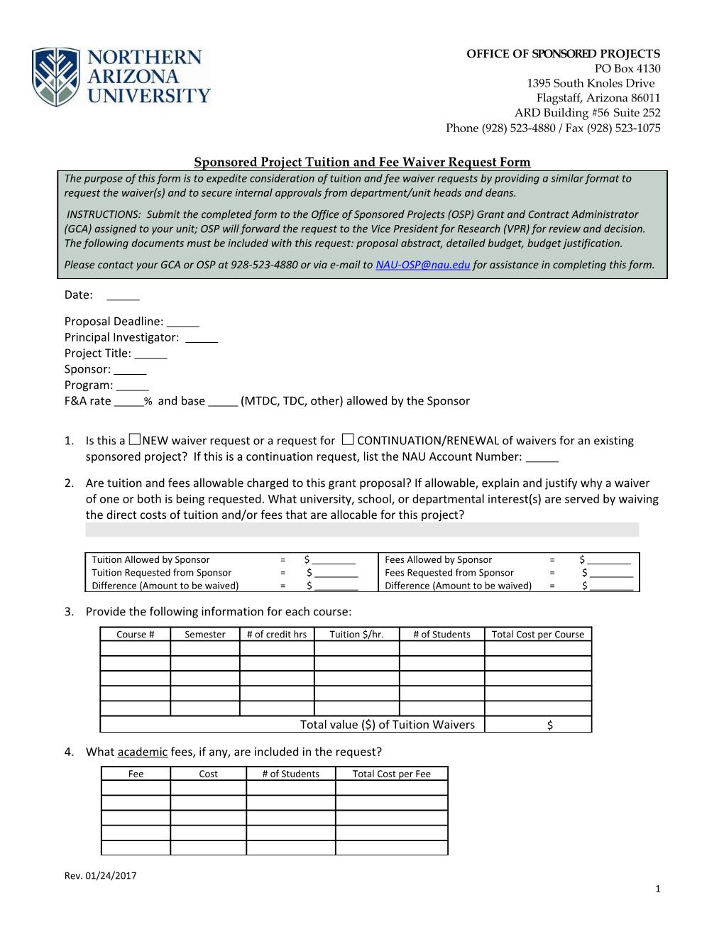 Sponsored Project Tuition and Fee Waiver Request Form