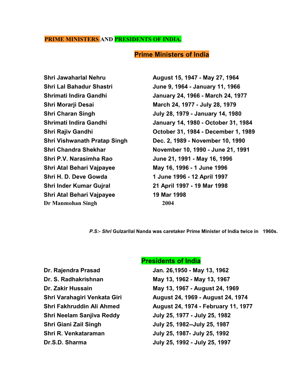 Prime Ministers and Presidents of India