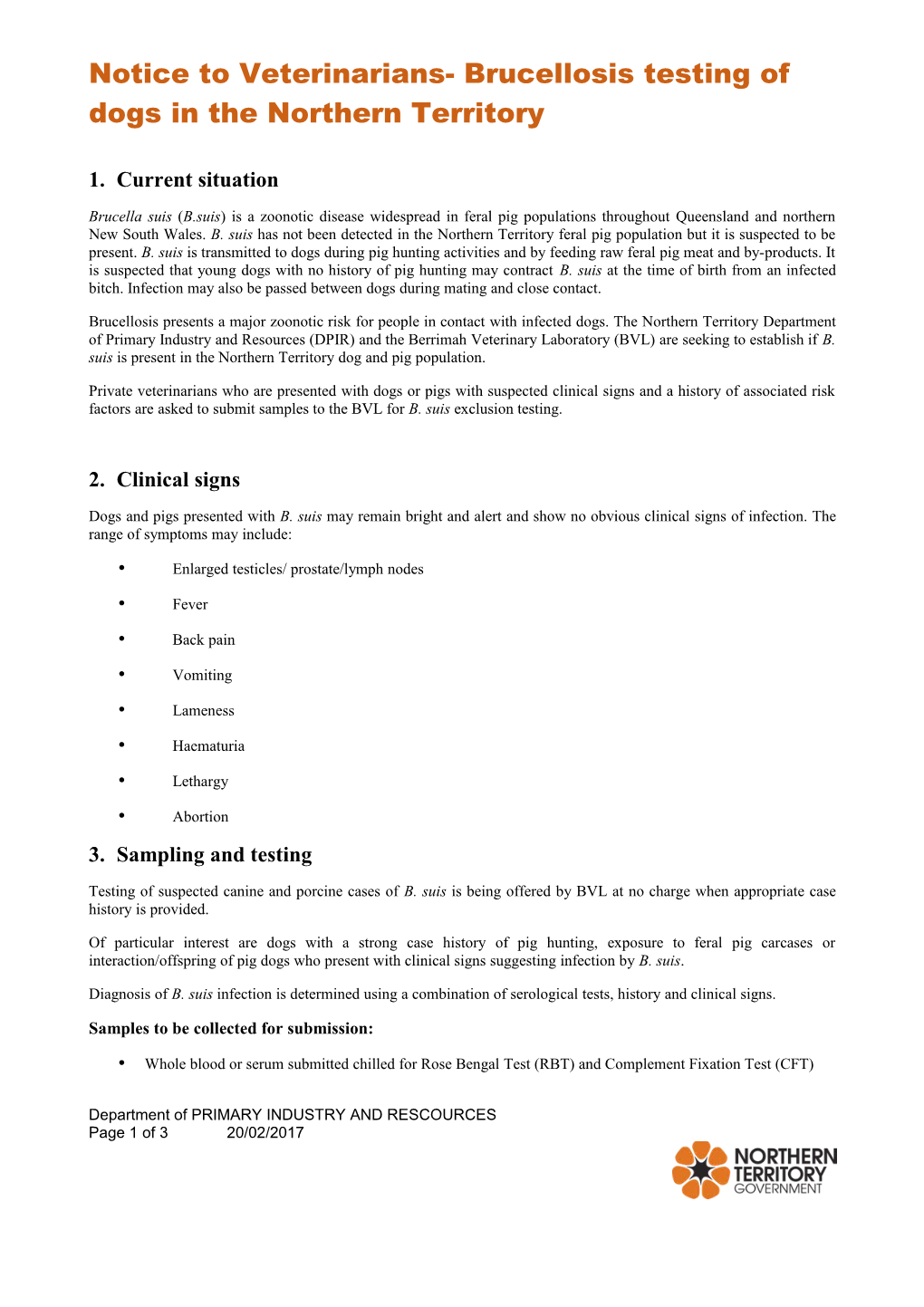 Notice to Veterinarians- Brucellosis Testing of Dogs in the Northern Territory