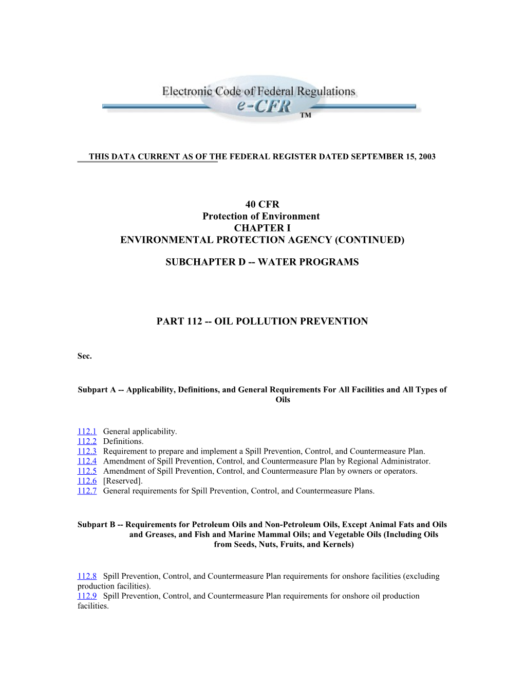 This Data Current As of the Federal Register Dated September 15, 2003