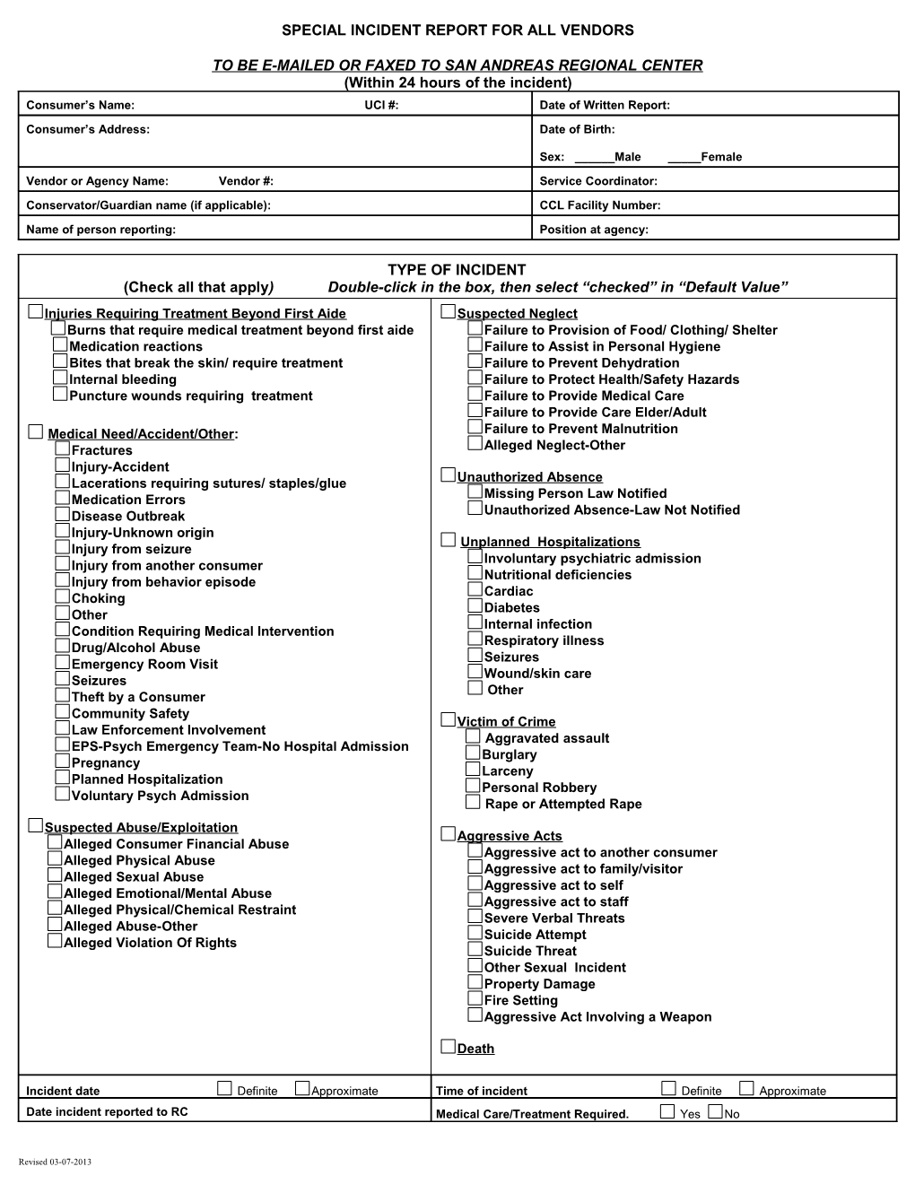 Special Incident Report for All Vendors