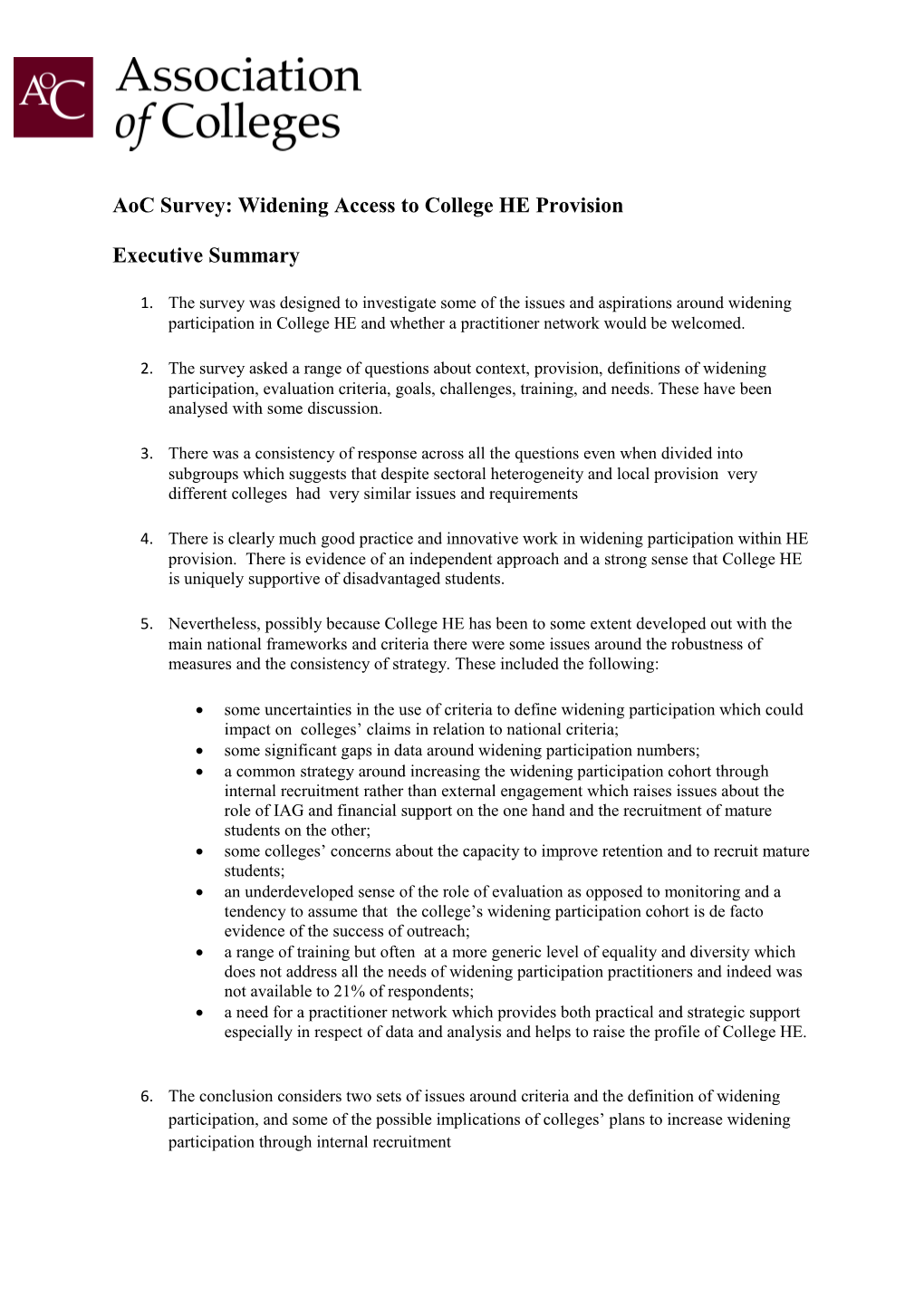 Aoc Survey: Widening Access to College HE Provision