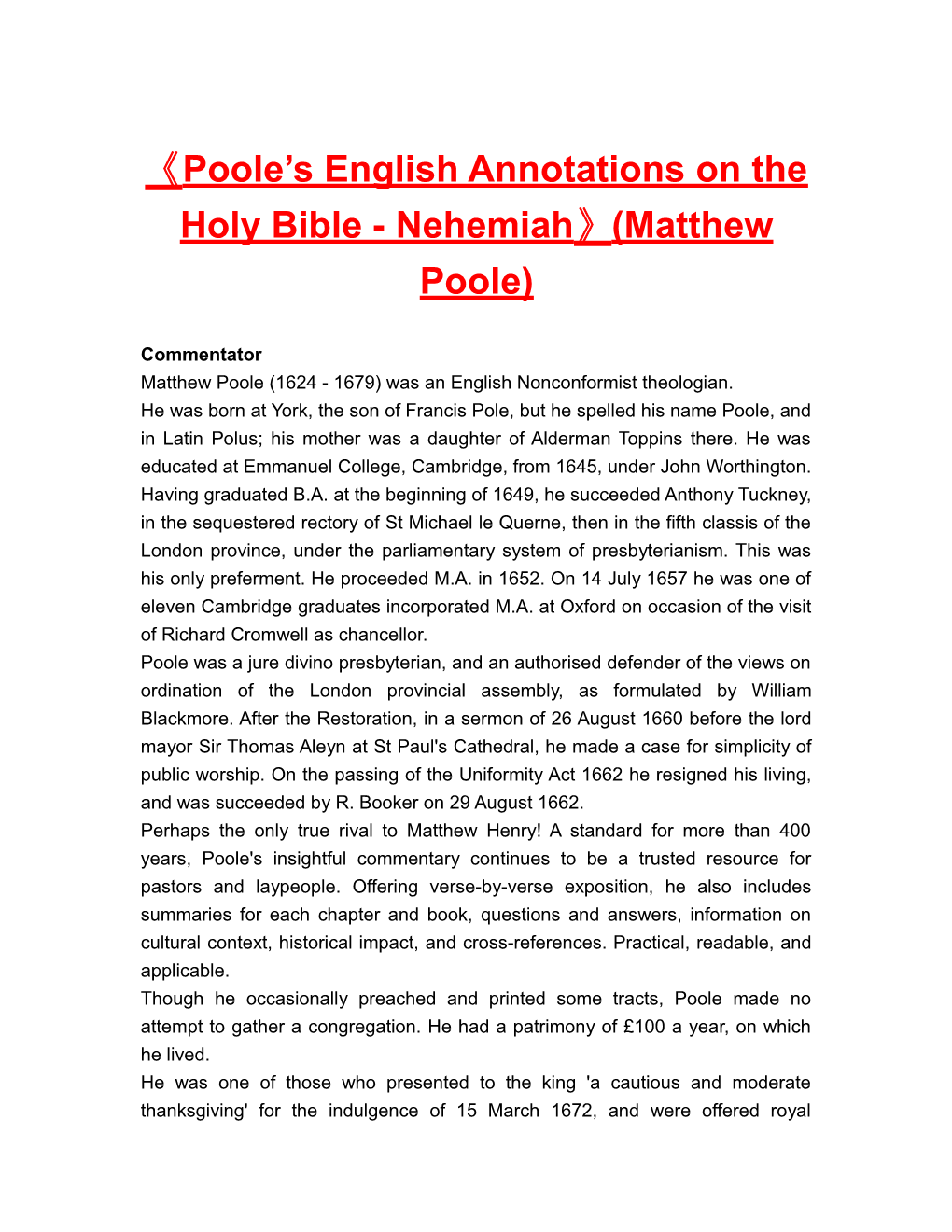 Poole S English Annotations on the Holy Bible - Nehemiah (Matthew Poole)