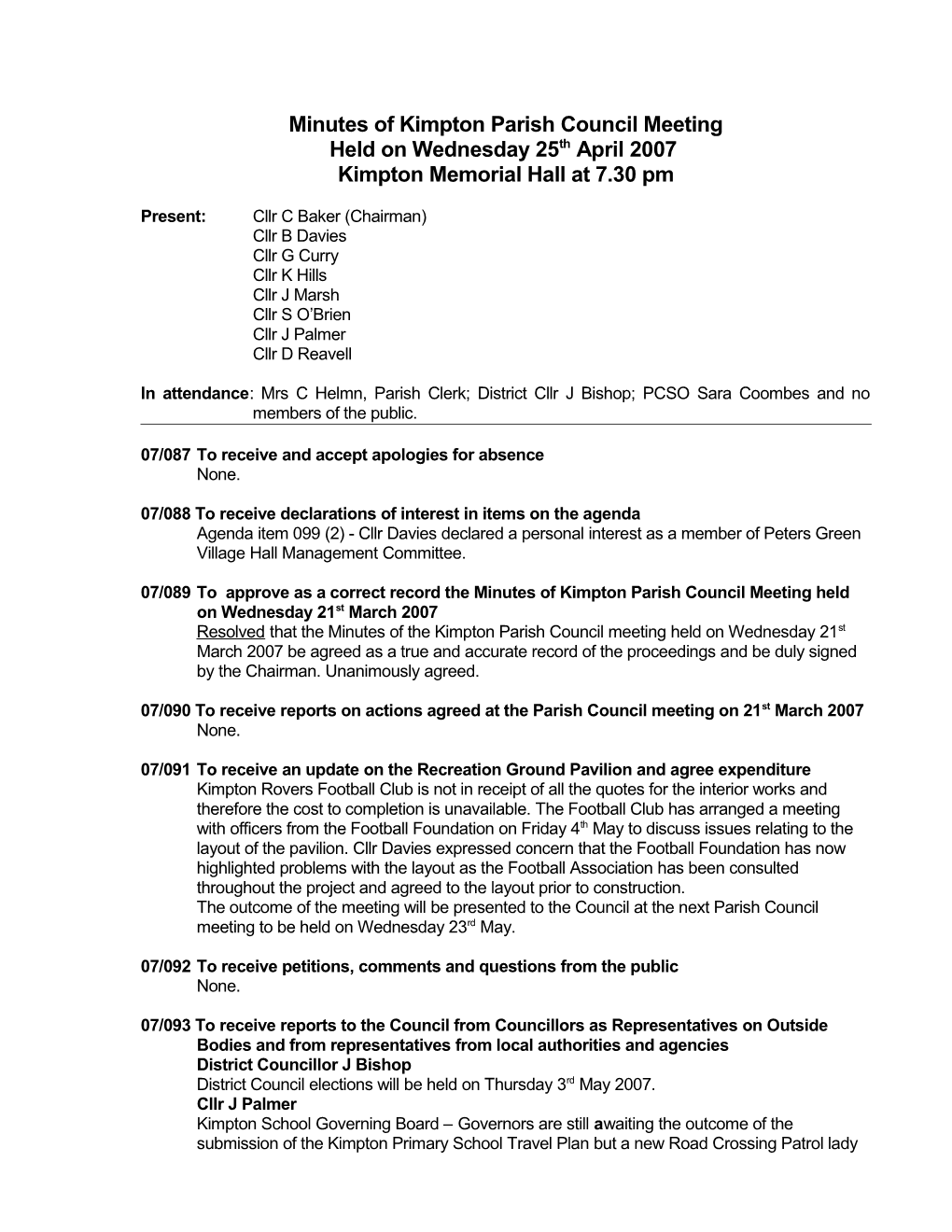 Minutes of Kimpton Parish Council Meeting