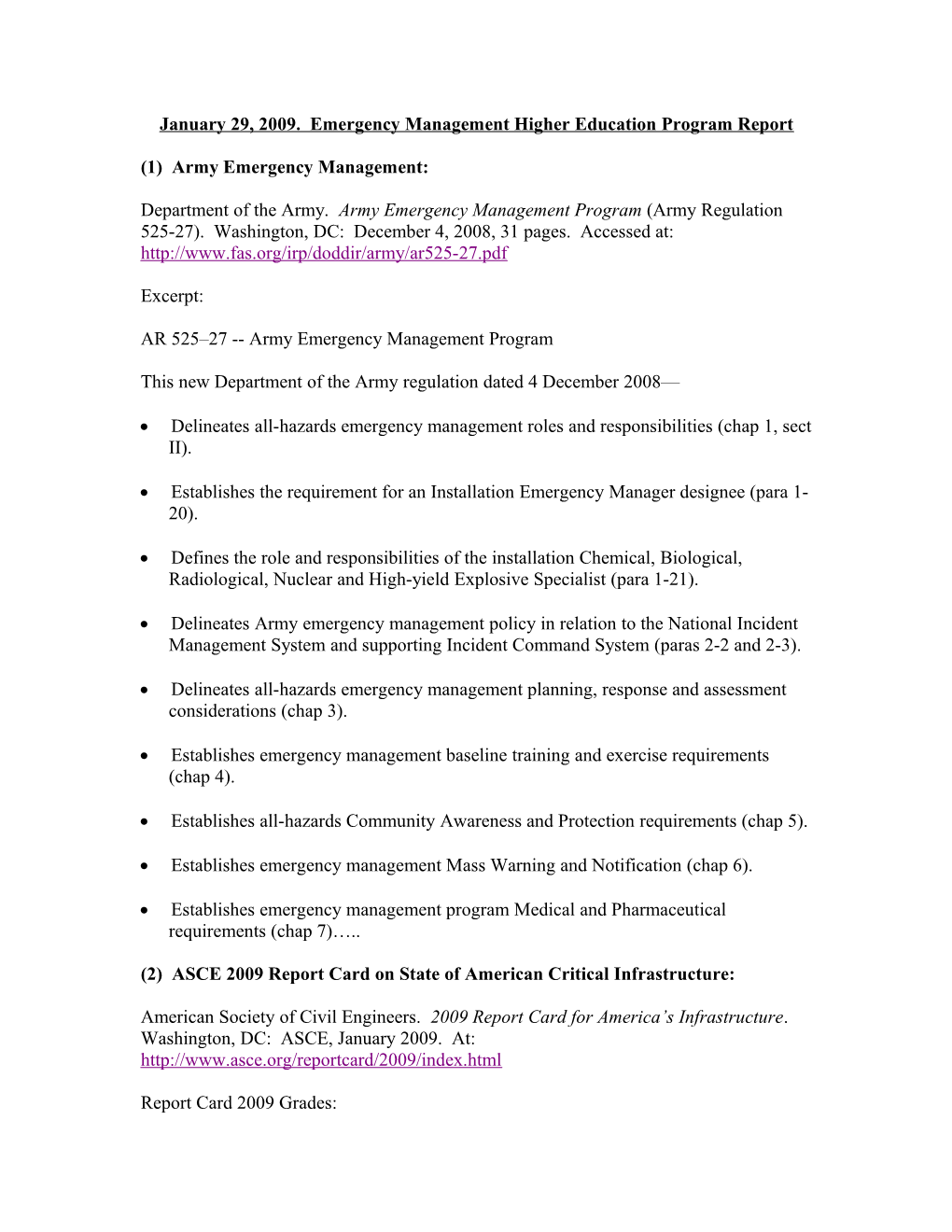 January 29, 2009. Emergency Management Higher Education Program Report
