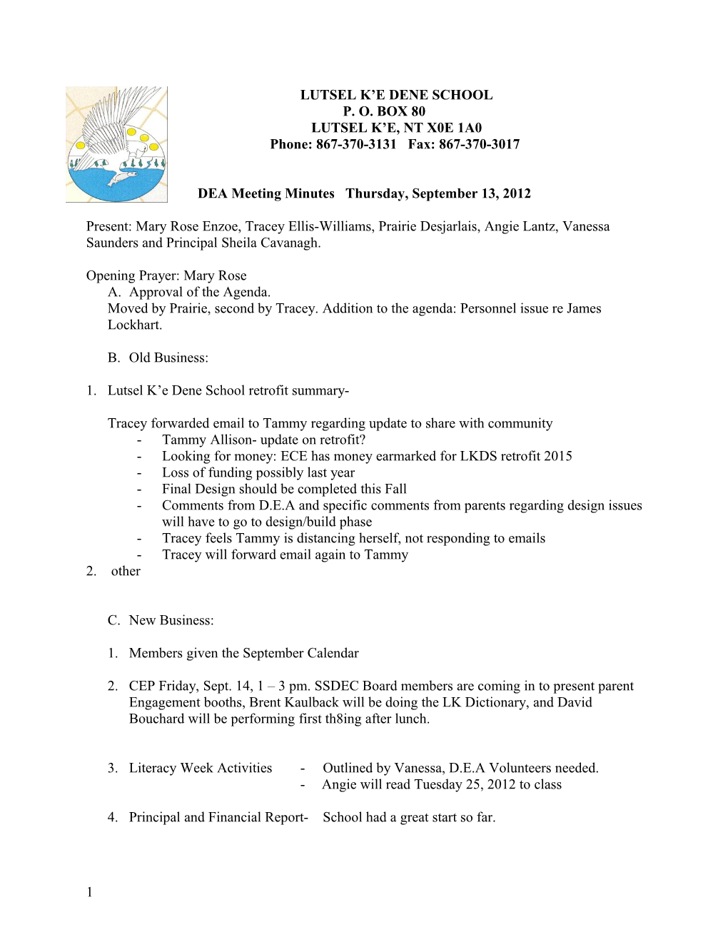 DEA Meeting Minutes Thursday, September 13, 2012