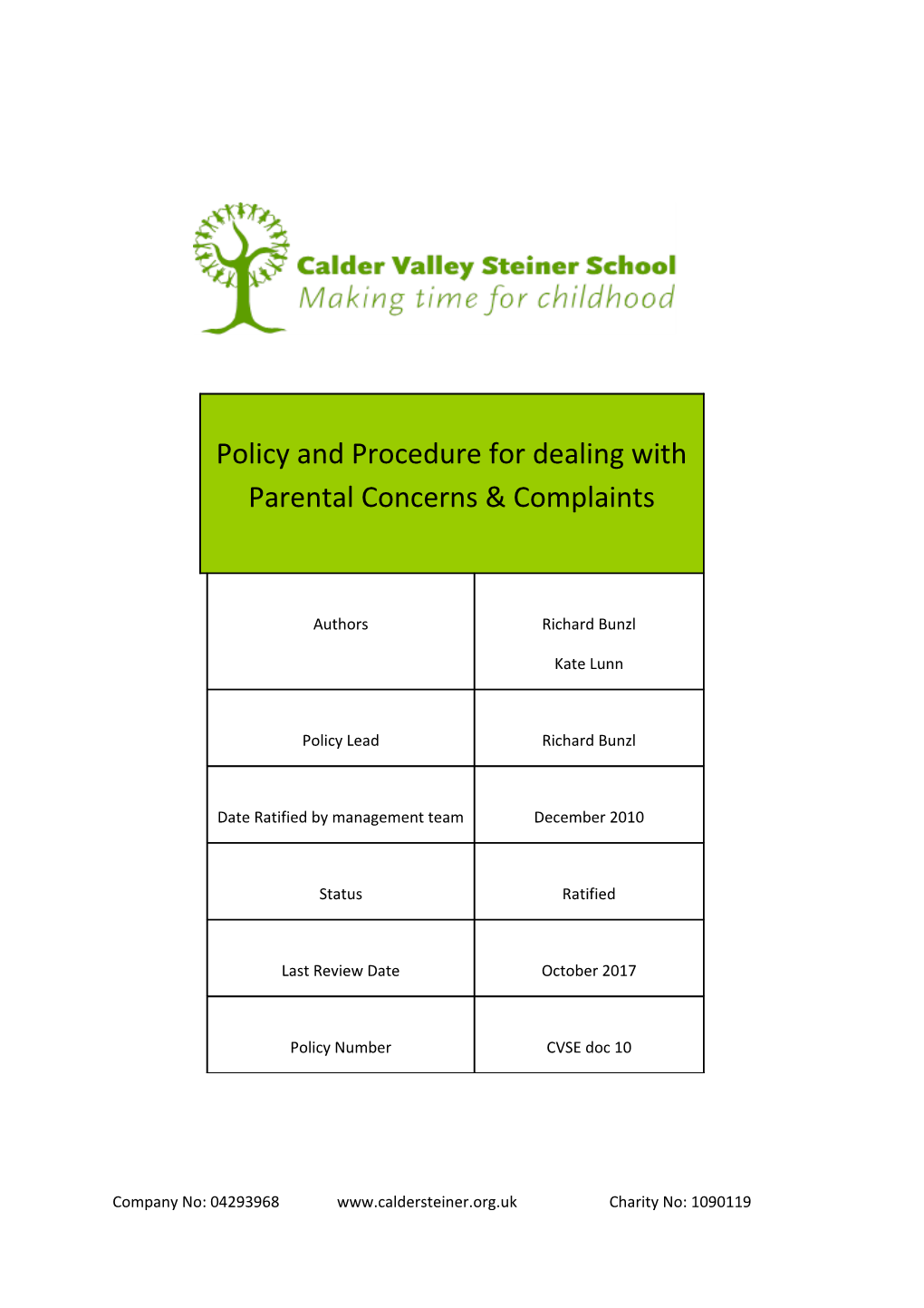 Policy and Procedure for Dealing with Parental Concerns & Complaints