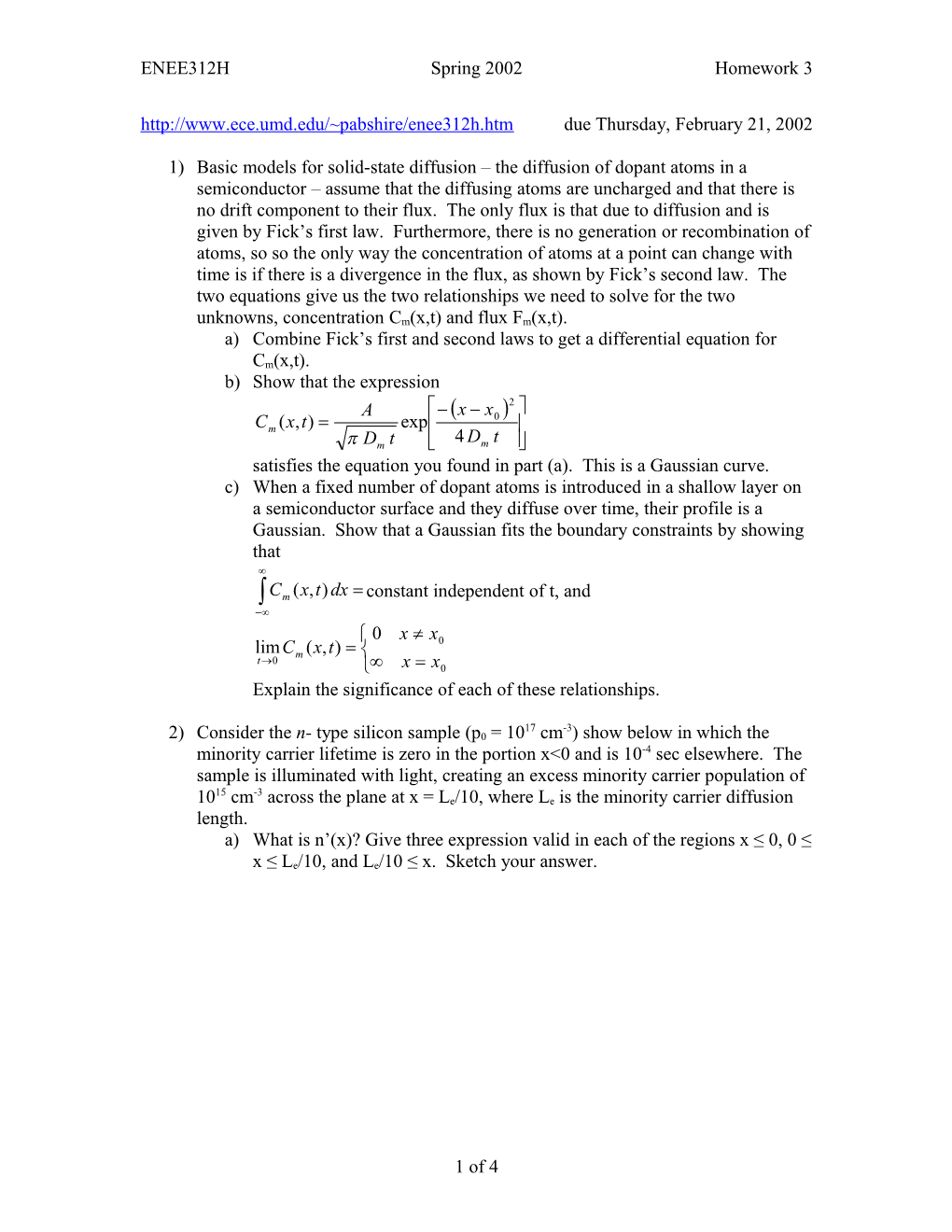 A)Combine Fick S First and Second Laws to Get a Differential Equation for Cm(X,T)