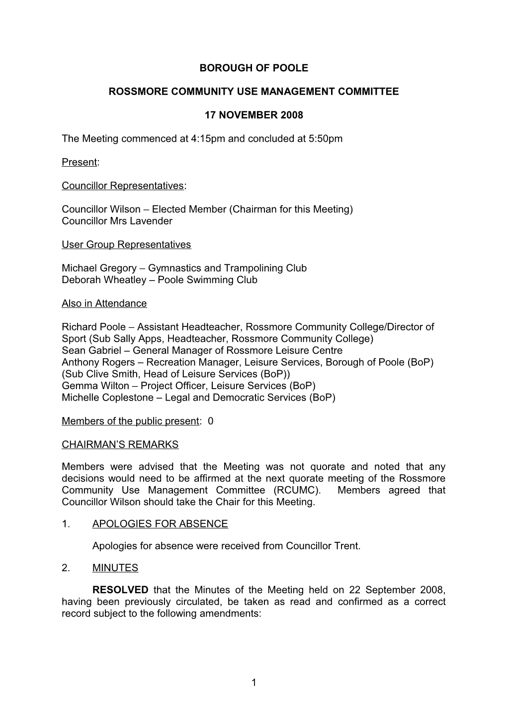 Minutes - Rossmore Community Use Management Committee - 17 November 2008