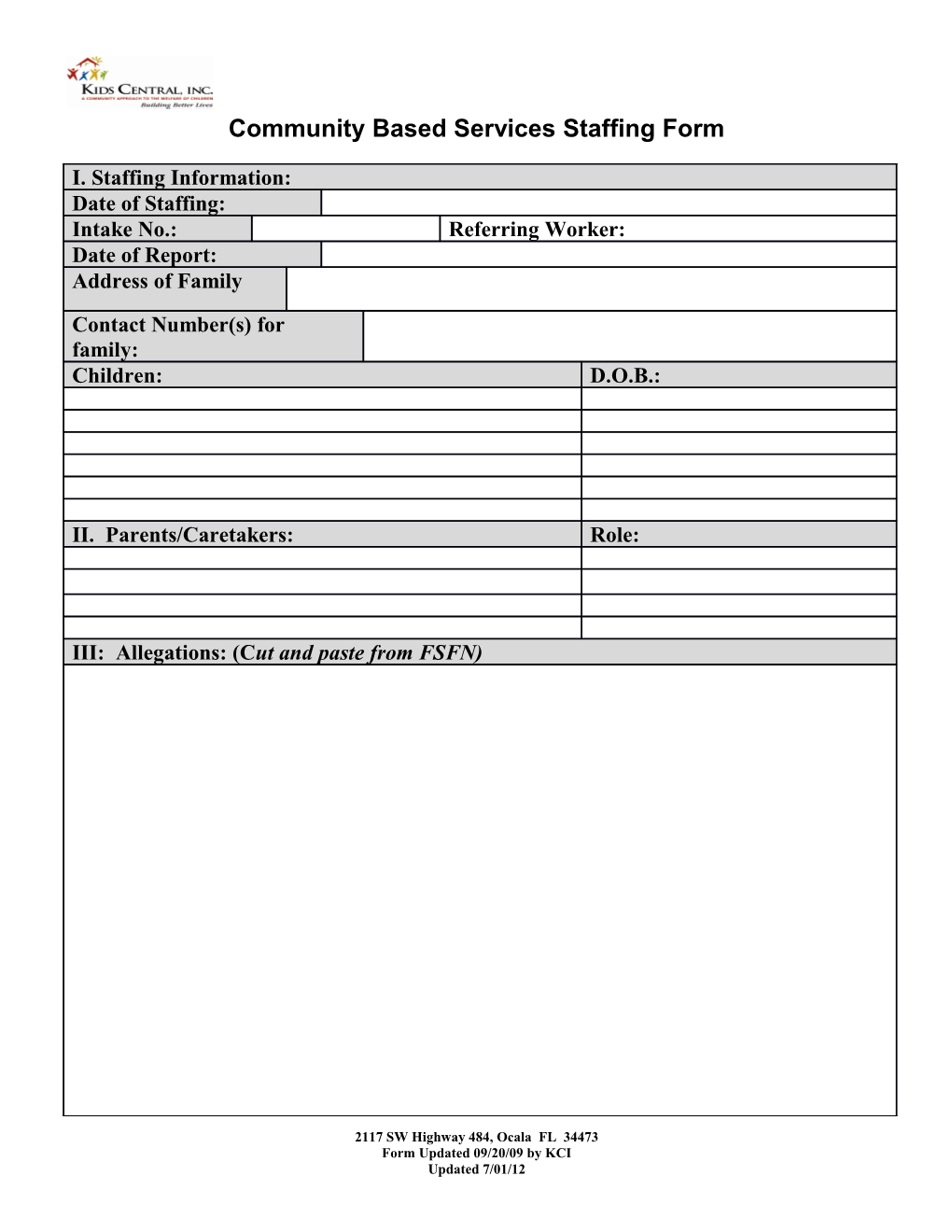 Community Based Services Staffing Form