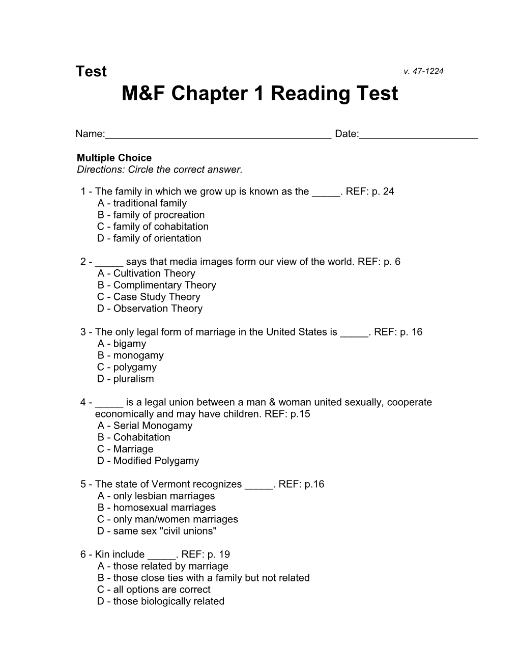 Multiple Choice Directions: Circle the Correct Answer